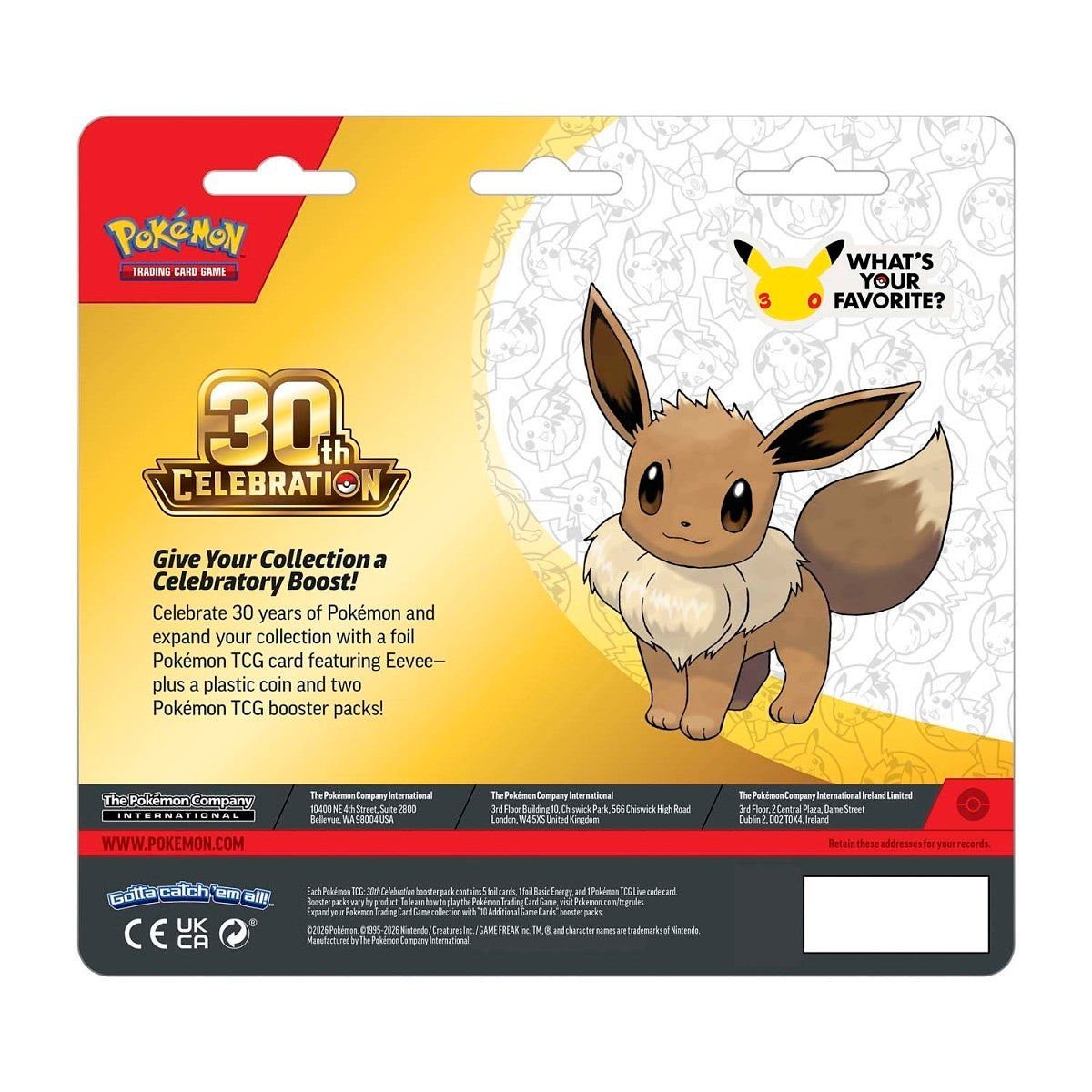 Pokémon TCG: 30th Celebration Eevee Card with 2 Booster Packs & Coin